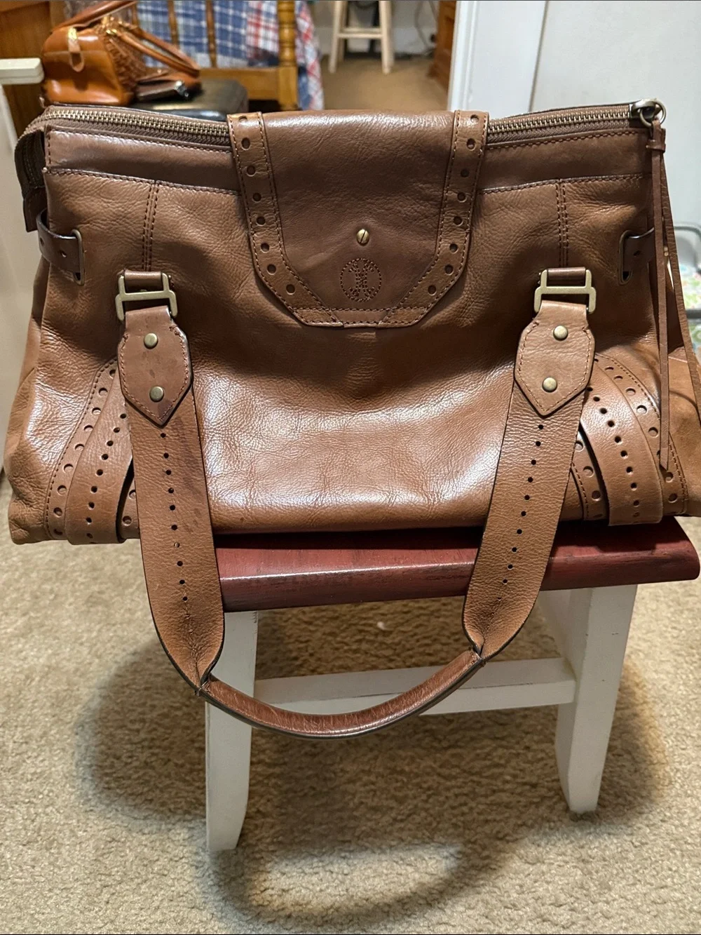 Cole Haan Brown Perforated Leather Satchel Handbag
